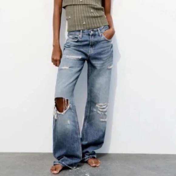 ZARA TRF HIGH RISE WIDE LEG RIPPED JEANS - Picture 2 of 10